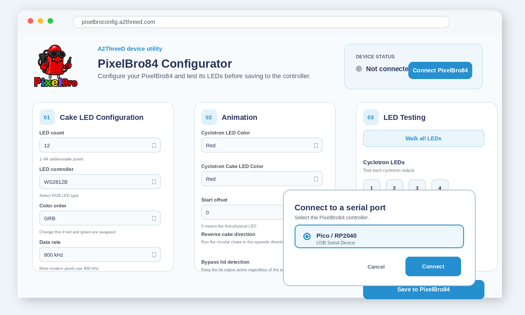 PixelBro84 Configurator showing cake LED settings, animation settings, LED testing, and serial port connection