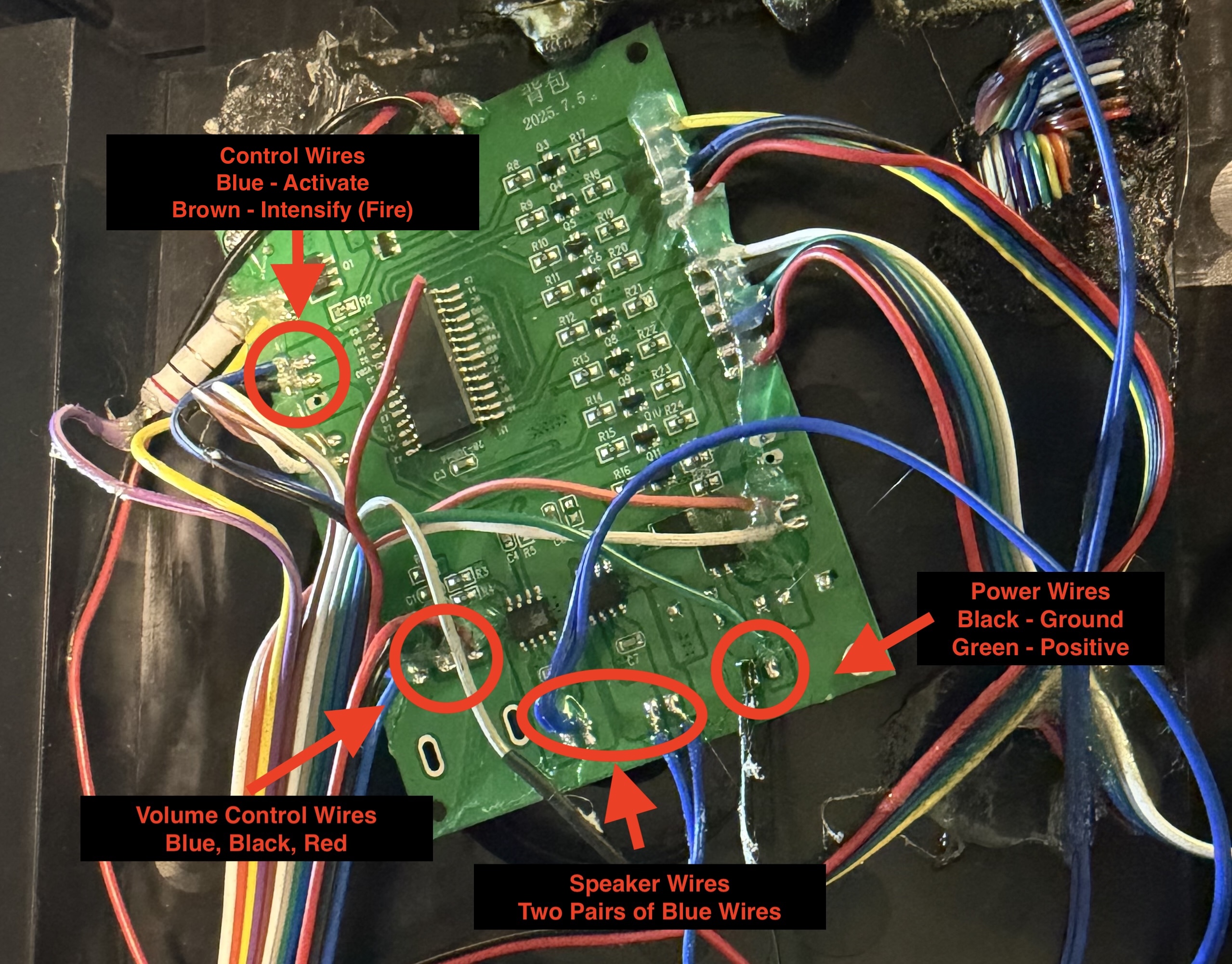 Annotated factory Proton Pack electronics PCB with all ProtonPal connection points identified