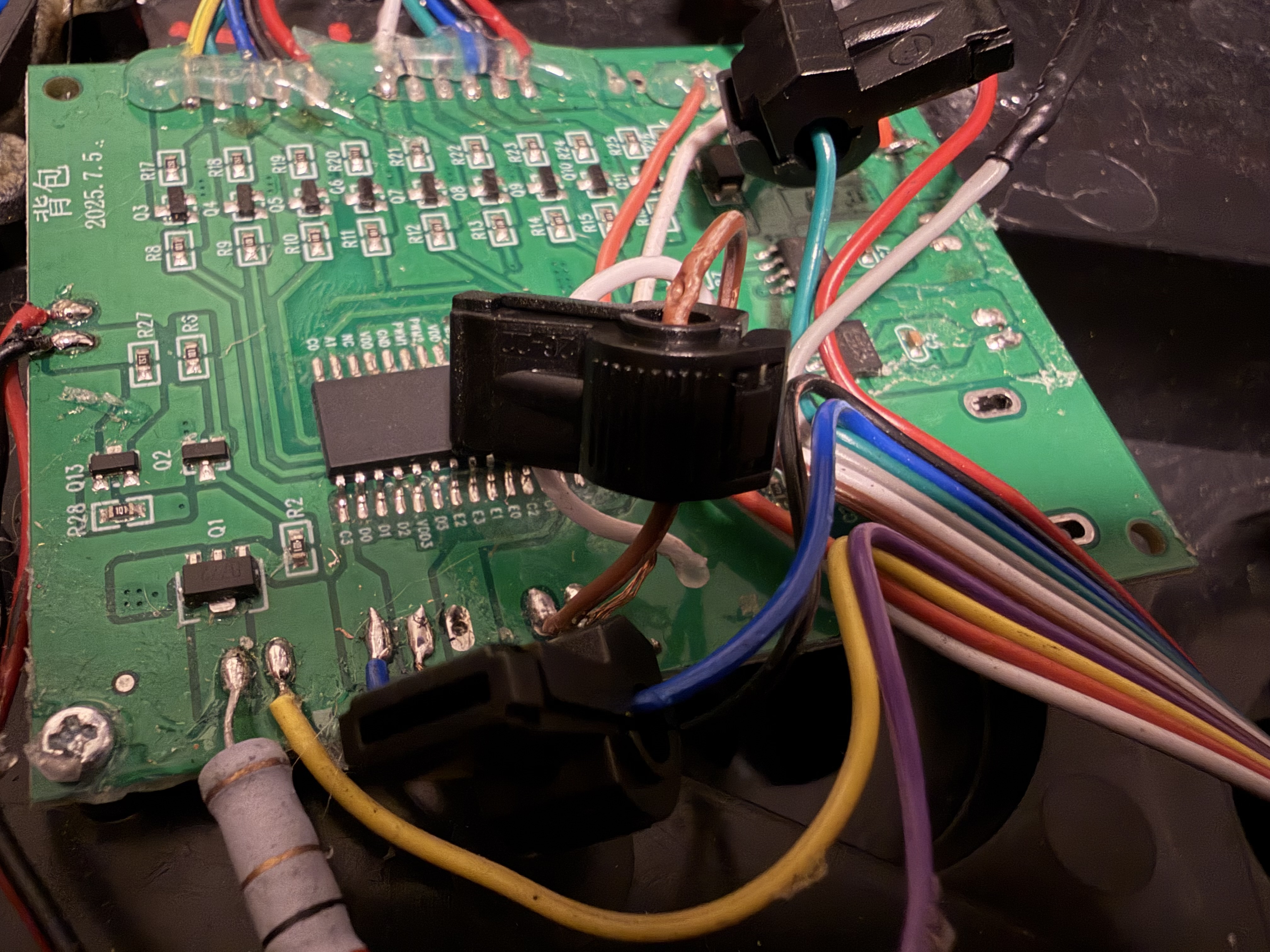 Factory Proton Pack electronics PCB with all four wire taps installed