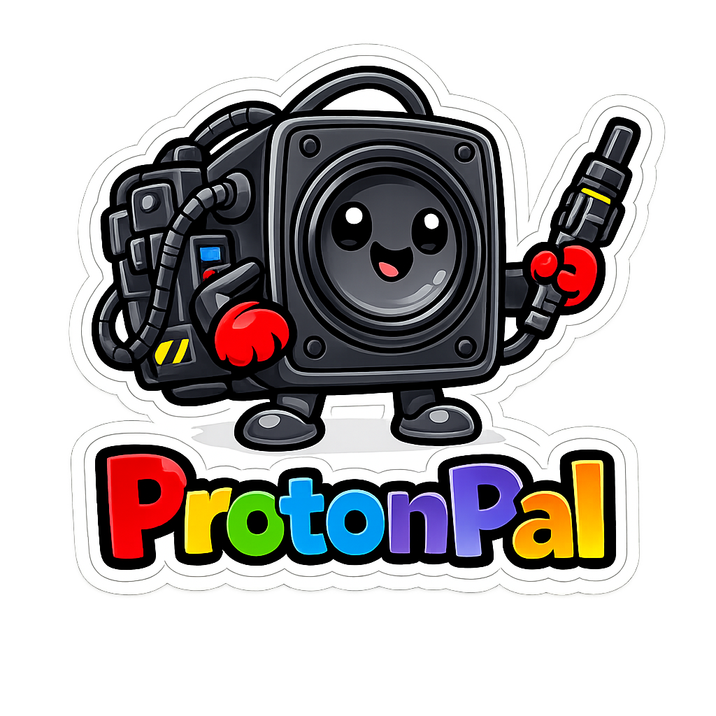 ProtonPal cartoon proton pack mascot logo