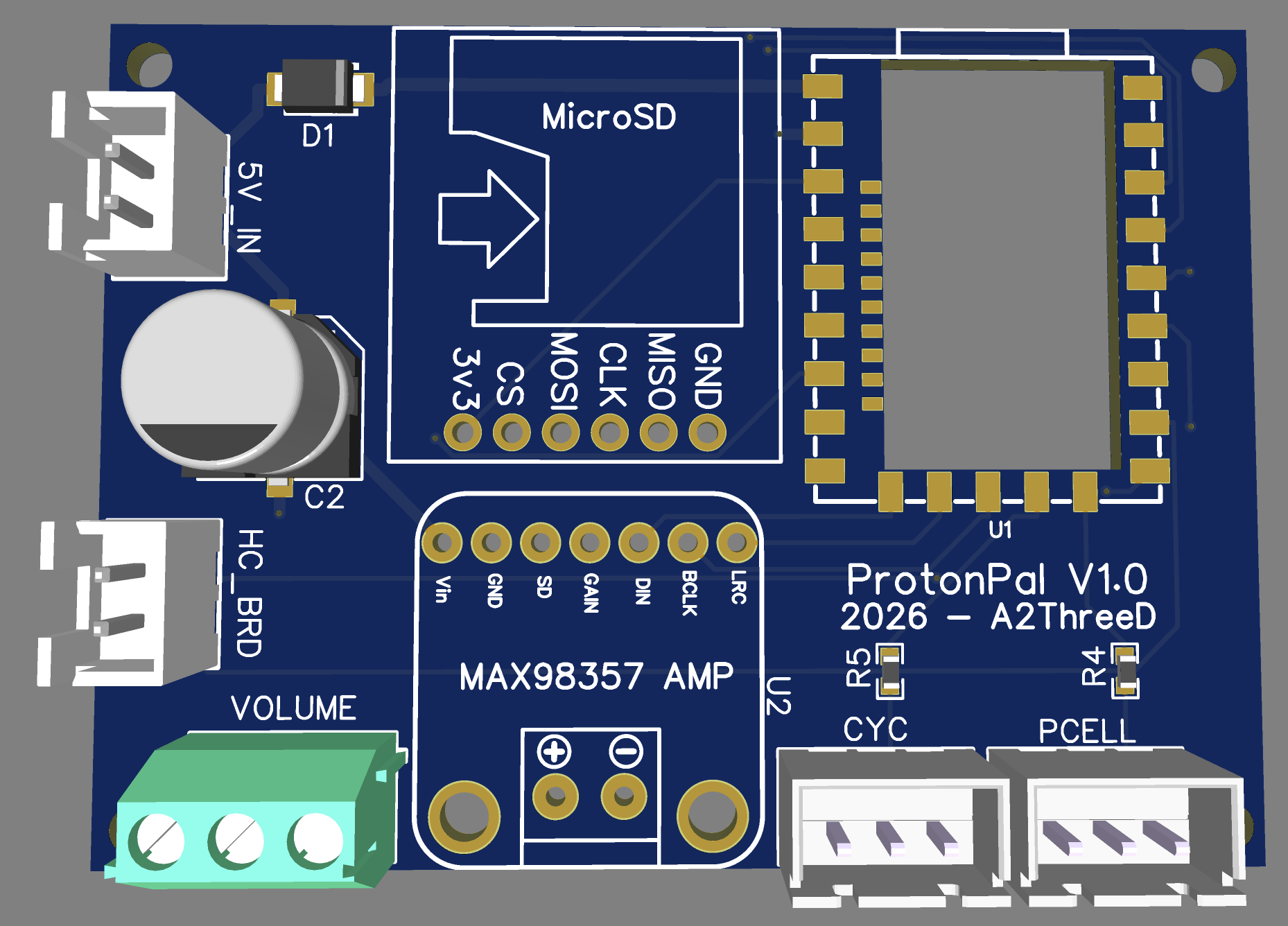 Prototype ProtonPal PCB render showing the MicroSD slot, amplifier, and pack connections